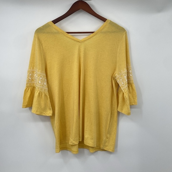 J.Jill Embroidered Sleeve Double-v Tee Shirt Women Size Large Gold Ruffle Boho‎ - Picture 5 of 7